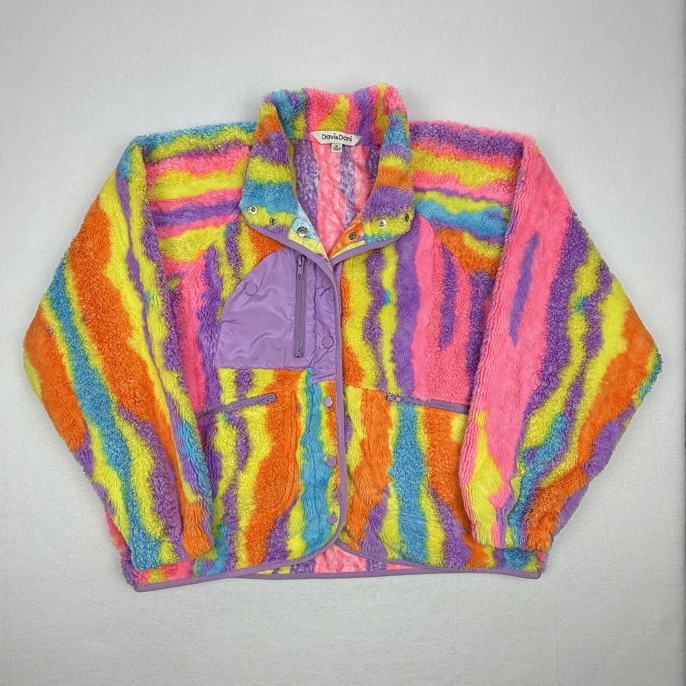 Davi & Dani Neon Rainbow Fleece Jacket Wavy Stripe Sherpa Coat Purple Trim M